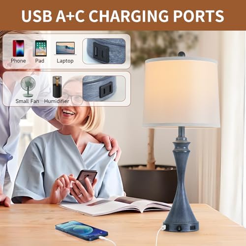 Living Room Deek Lamp Bedroom Table Lamp Set of 2,3 Way Dimmable Led Light Modern Industrial Table Lamps Sand Navy Blue Metal,USB Type A+C&Outlet, Linen Lampshade,Bulb*2
