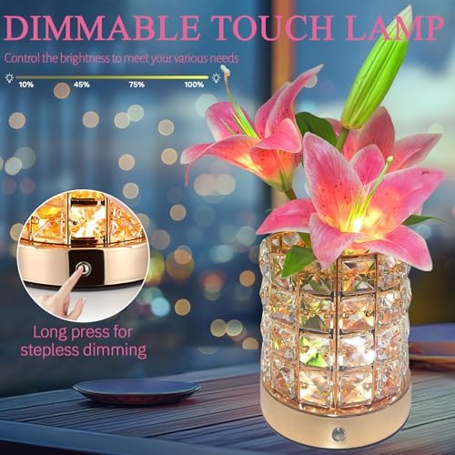 Lily Flower Lamps, Rechargeable Cordless Small Desk Lamp, 3 Colors Dimmable Artificial Flowers Night Light, Fake Bouquet 3 Lilies with Crystal Vase for Home Date Party Decoration (Pink - Lily)