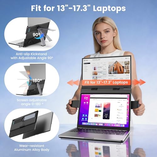 SMISEACOW Laptop Screen Extender 14" for 13-17.3'' Laptops, Portable Dual Monitor for Laptop, Ultra-Slim Clamp-On Vertical Dual IPS 1080P Screen Monitor Extender, USB-C HDMI for Office Travel