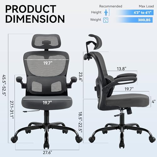 AreShark Office Chair Ergonomic Desk Chairs with Adjustable Lumbar Support& Headrest Hanger, High Back Breathable Mesh Chair with Wheels, Rolling Swivel Comfy Task Computer Chair for Home Work Gaming