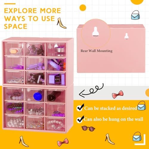 Wenqik 2 Pcs Mini Storage Drawers with 9 Clear Drawers, Pink