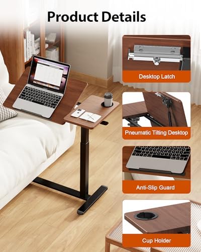 Overbed Table with Wheels, Pneumatic Lift, Foldable Top (Brown)