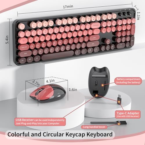 Wireless Keyboard and Mouse, 104 Round Keycaps Retro Typewriter