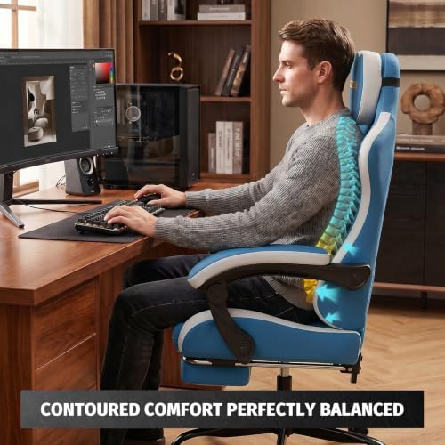 Honeycomb Embossed Gaming Chair with Footrest & Massage Lumbar Support, Adjustable Ergonomic Office Chair for Adults, 300 lbs (Blue White)