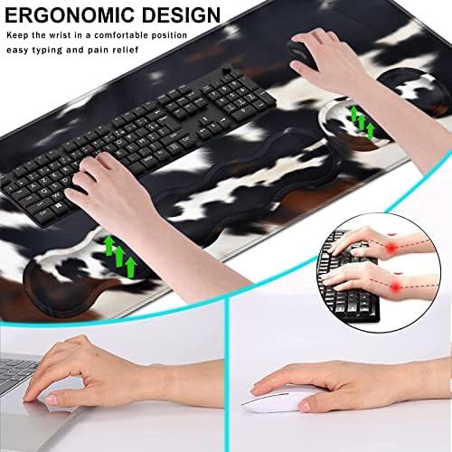 Keyboard Wrist Rest and Mouse Pad with Wrist Support Set Ergonomic Coaster,Memory Foam,Easy Typing Pain Relief,Large XL Desk Mat 31.5"x 11.8",Cute Cowhide Brown Black Cow