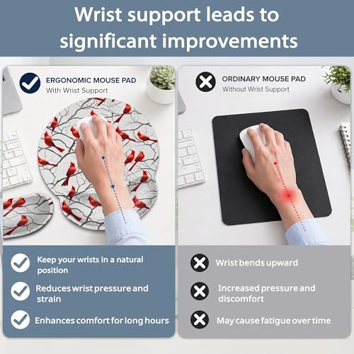 Cardinal Ergonomic Keyboard and Mouse Wrist Rest Set, Christmas Mouse Pad with Non Slip Base, Soft Cloth Surface for Office and Home Typing Support