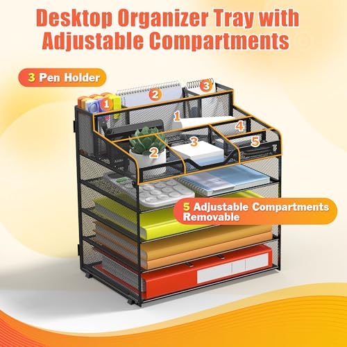 Docnest 5 Tier Mesh Desk Organizer with Letter Tray & Paper Sorter, Black