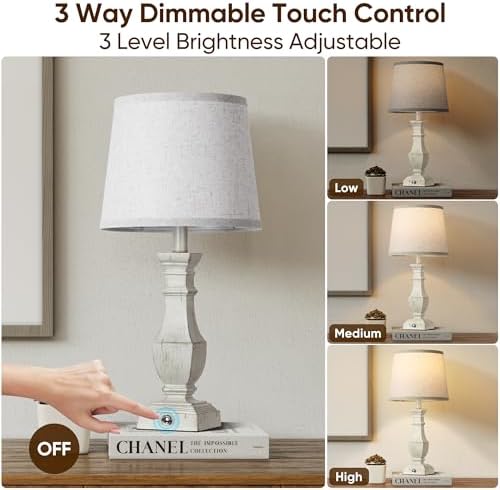 ROTTOGOON Dimmable Table Lamps Set of 2, Rustic Farmhouse Table Lamps for Living Room Bedroom, Bedside Desk Lamps for End Tables, Touch Lamps for Nightstand, 9W Bulbs Included, 22", Antique White