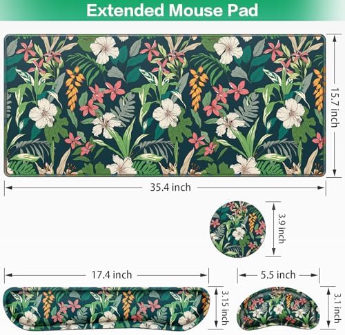 Desk Mat Floral, Large Gaming Mouse Pad with Wrist Rest, 4in1 XXL