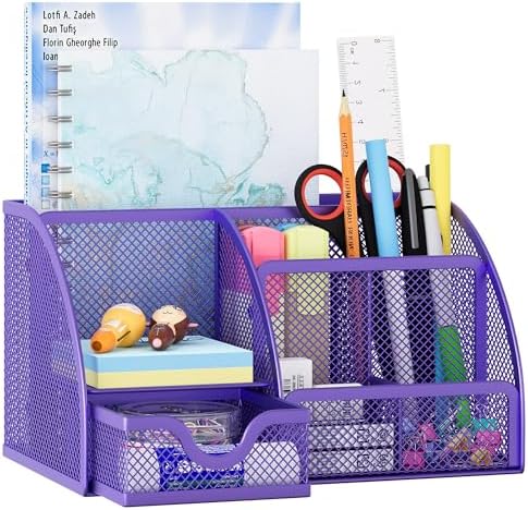 EasyPAG Mesh Desk Organizer with Drawer Multi-functional Pen Holder Stationery Organizer for Office School Supplies 6 Compartments Dorm Organizers and Storage for Desk, Purple