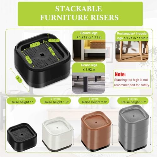 8 Pack Furniture Risers 3 Inch, Adjustable Bed Risers Heavy Duty for Table Desk Couch Chair Sofa Cabinet Bed Legs Dorm, Square Stackable Bed Raisers Blocks Lift Height 1", 2",3"or 4", Black