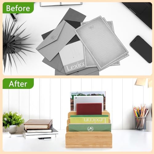 Desk File Mail Organizer Countertop, 5 Slots Bamboo Folder Sorter Holder for Letter, Envelope, Paper, Bill Filing, Desktop Tray Organizer for Office & Home