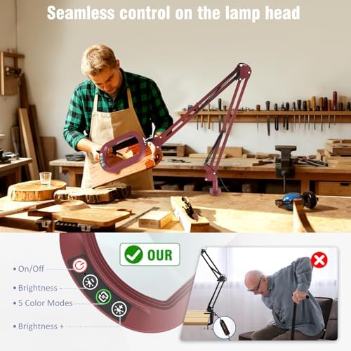 16" Extra Long Magnifying Glass with Light and Clamp, Real Glass, 5 Color Modes, Stepless Dimmable, Lighted Magnifier with Stand Hands Free, LED Swing Arm Desk Lamp for Close Work, Craft, Red