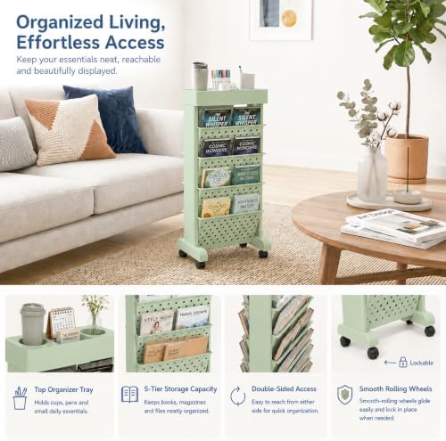 5-Tier Rolling Bookshelf Cart with Wheels, Green