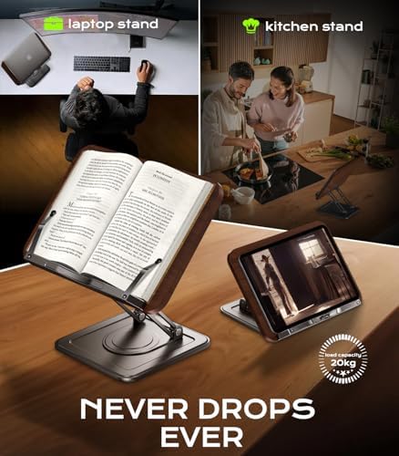 LOXP Book Stand for Reading, 360° Rotating Holder with Page Clip, Ergonomic