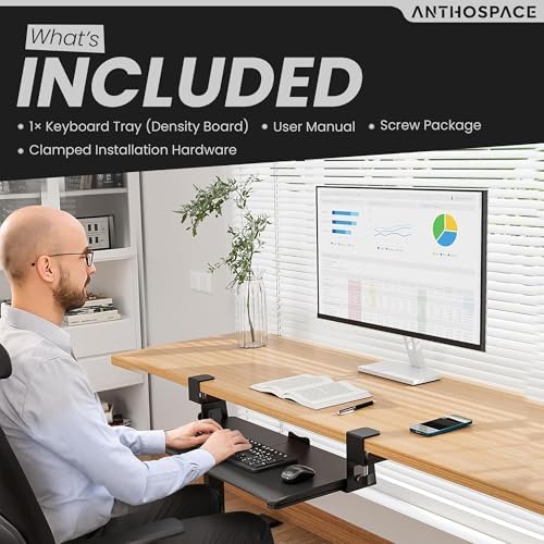 Under Desk Keyboard Tray Slide Out, 25 x 9.8 Inch Clamp-On Pull Out Drawer with Mouse Space, Ergonomic Keyboard Holder for Comfortable Typing at Home and Office