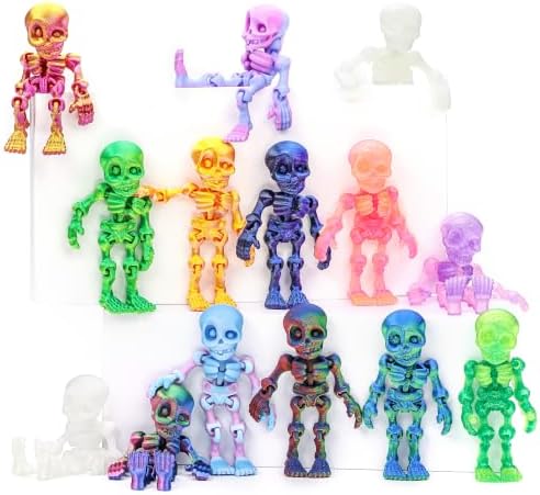 14 pcs 3D Printed Skeleton Figurines, Colorful 3.15 Inch Halloween Decorations, Fun Spooky Skull Toys for Desk, Party, or Shelf Display