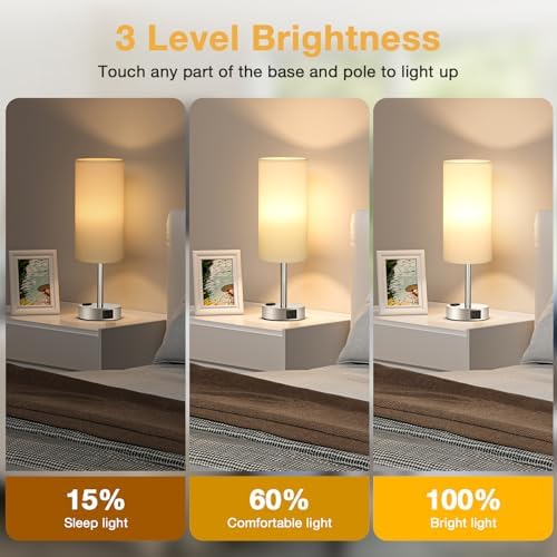 Touch Bedside Table Lamps Set of 2 - Bedroom Lamp with USB A+C, AC Outlet