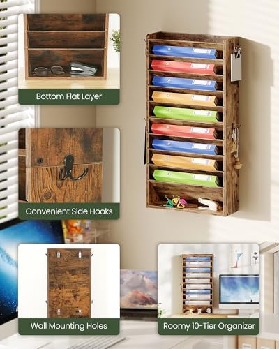 CHOEZON Wall File Organizer, 10-Tier Hanging Mail Organizer, Wall Mount File Holder with 4 Side Hooks, Mail and Storage Organizer, Wooden Vertical Hanging Holder for Office, Rustic Brown MWJ03FG