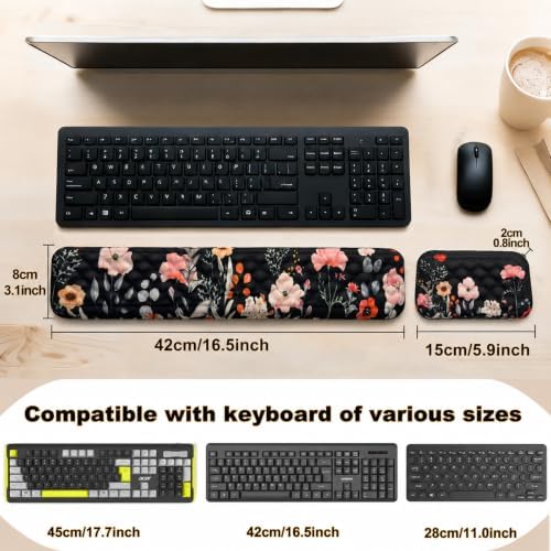 Keyboard Wrist Rest Mouse Wrist Support, Memory Foam Wrist Rest Pad for Computer Laptop, Ergonomic Wrist Cushion Support for Typing Pain Relief, Gaming Home Office, Flower Black