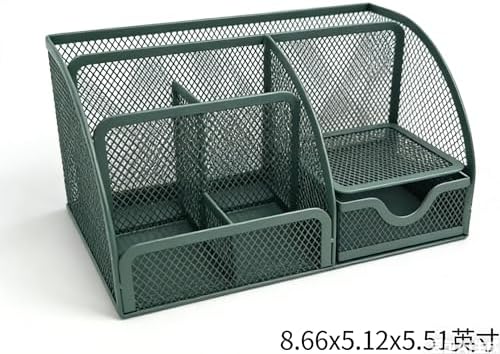 Fengtaiyuan T20, Forest Green Metal Mesh Desk Organizer with Drawer, 8.66x5.12x5.51 inch Multi-functional Desktop Storage Caddy for Office, School, Art Supplies (T20)