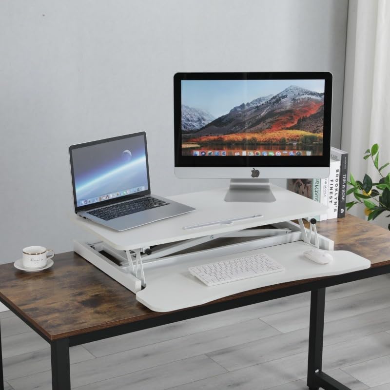 Standing Desk Converter, 32 Inch Wide, Height Adjustable Sit to Stand Workstation Riser, Dual Monitor with Wide Keyboard Tray for Home Office (White)