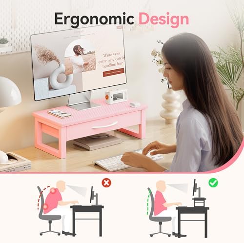 Desk Organizers and Accessories, Computer Monitor Stand Riser with Fabric Drawer, 2-Tier Laptop Stand for Desk, Office Organization Accessories, Pink