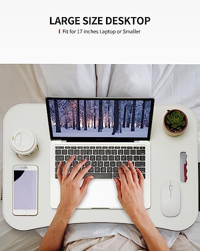 FISYOD Foldable Laptop Table, Portable Lap Desk Bed Table Tray, Laptop Stand with Cup Holder & Tablet Slot & Lifting Handle for Working Writing Drawing & Eating (White)