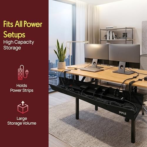 Pyle 48" Under Desk Cable Management Tray, Under Desk Wire Organizer with Clamp or Screw Mount, Desk Cable Organizer with Fabric Design for Large Workstations, Built-in Ties, 20 lb Capacity, Black