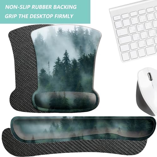 Keyboard Wrist Rest Pad Mouse Pad with Wrist Support Set of 3, Gaming Mousepad with Non-Slip Rubber Base, Ergonomic Memory Foam Mouse Cushion Support for Home Office Laptop Computer, Forest