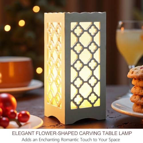 9" Tall LED Table Lamp with Flower Shaped Carving (Battery & USB Operated) - LED Desk Lamps Rechargeable with USB Charging Port - White Lamps Decorative Indoor Lights Lights