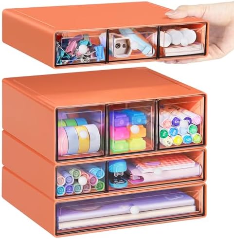Desk Storage Organizer with 9 Drawers, 4 Tiers Stackable Desktop Craft Storage Drawers, Clear Storage Box Caddy for Stationary Makeup Jewelry Office Craft Supplies (Orange)