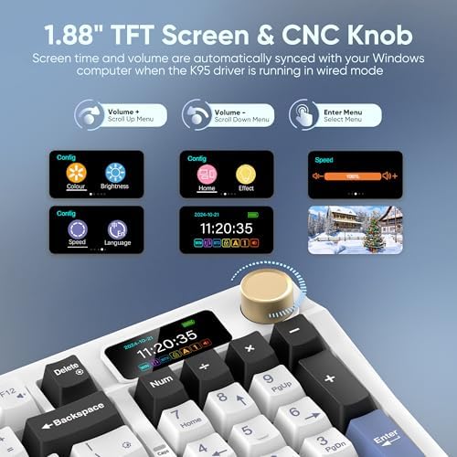 RedThunder K95 Wireless Mechanical Keyboard, TFT Screen & Knob, Tri-Mode BT5.0/2.4GHz/USB-C Hot Swappable Custom, Pre-lubed Linear Switches, Gasket Structure, RGB Gaming Keyboard, Snowy White-Blue