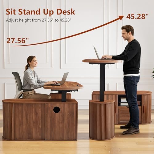 55" L Shaped Oval Electric Wood Standing Desk with Storage