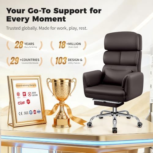 Big and Tall Office Chair 500LBS, Ergonomic High Back Leather Executive Chair, Reclining Swivel with Adjustable Armrests Lumbar Support Footrest, Cross Legged, Coffee