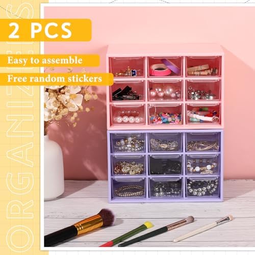 Wenqik 2 Pcs Mini Storage Drawers with 9 Clear Drawers, Purple, Pink