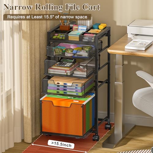 Rolling File Cart with 4 Storage Drawers, Under Desk Organizer with DIY Divider, Moblie Filing Cabinet on Wheels, Fits A4/Letter Size, Metal Utility Cart for Home Office, Black