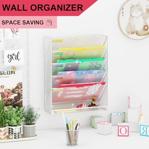 Hanging Wall File Organizer 6 Tier Wall Mounted File Holder Document Wall Organizer Magazine Organization for Office Home, Silver