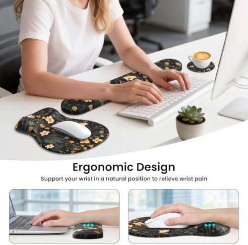 AKIT Ergonomic Mouse Pad and Keyboard Wrist Rest,Memory Foam,Flower Black