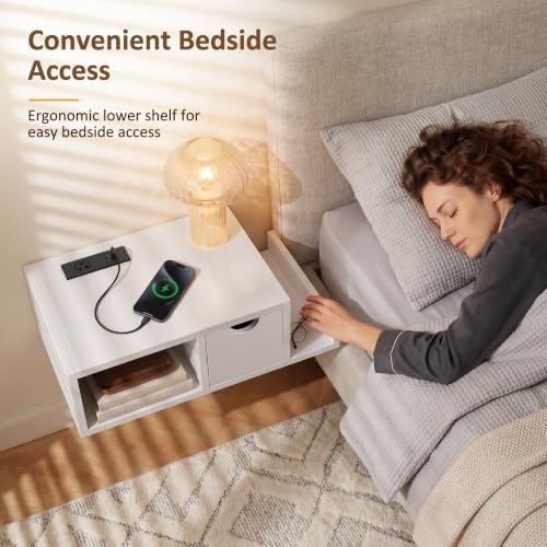 Afuly White Floating Nightstand, Bedside Table with Charging Station&Drawer