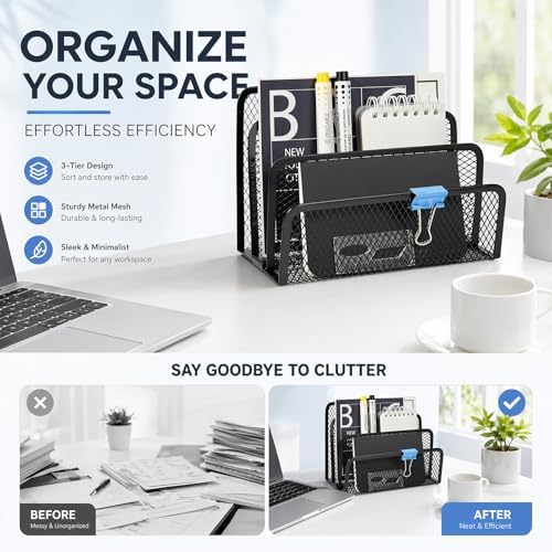 2Pcs Mail Organizer for Desk, 3-Slot Mesh Metal Mail Holder Countertop