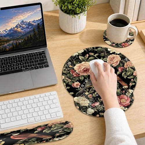 Vintage Rose Peony Floral Keyboard Wrist Rest Pad Ergonomic Mouse Pad Set,Bird 3 in 1 Memory Foam Mouse Pad with Non Slip Base for Office and Home