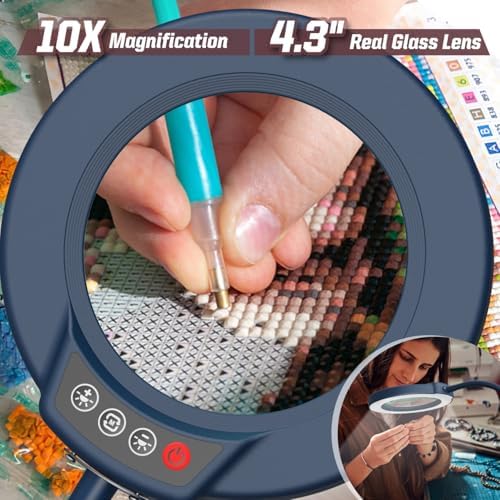 10X Magnifying Glass with Light and Stand, 5 Color Modes Stepless Dimmable LED Lighted Desk Lamp, Hands Free Flexible Gooseneck Magnifier with Light for Craft Hobby Painting Close Work - Blue