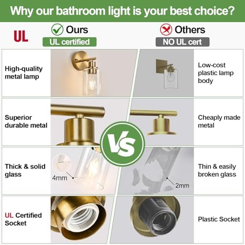 Zarbitta Set of 2 Wall Sconces for Bathroom, Brushed Gold Modern Vanity Lights with Clear Glass Shade,Bathroom Wall Lamp for Mirror Kitchen Living Room Hallway Cabinet Porch