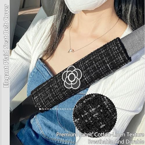Car Seat Neck Pillow Elegant Bow Car Headrest Pillow Set - Cotton Linen Neck Cushion Universal Fit for Women Comes with 2 Seat Belt Covers (Black Set 4Pcs)