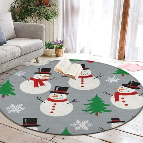 Large Home Decor Mat, Soft Round Yoga Carpet, Non Slip Machine Washable Kitchen Office Circle Rug Snowman and Snowflake Pattern