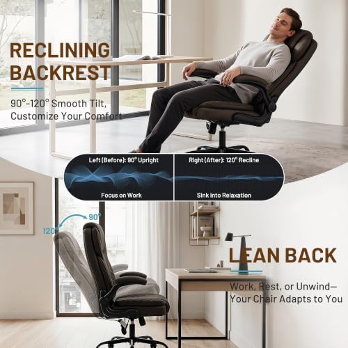Ergonomic Office Chair, PU Leather High Back Executive Chair with Adjustable Inflatable Lumbar Support and Padded Flip-Up Arms, Recline Swivel Task Computer Chair for Home Office, Dark Brown