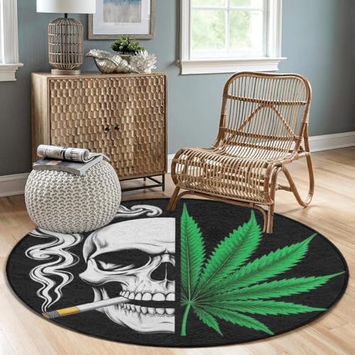 Men's Large Home Decor Mat, Soft Round Yoga Carpet, Non Slip Machine Washable Home Office Circle Rug Pot Leaf Weed Skull Smoking