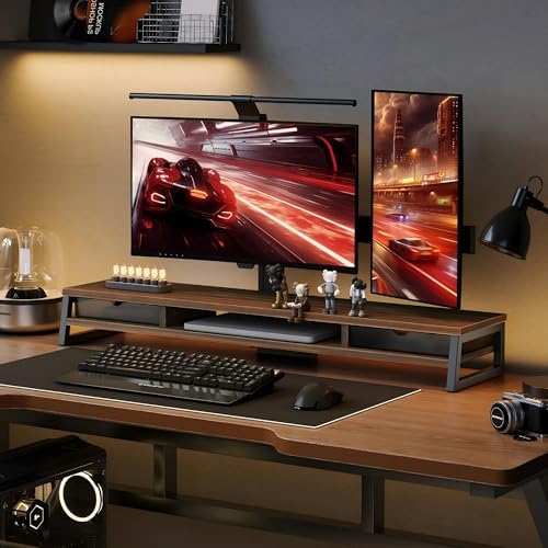 Fenge Dual Monitor Stand Riser, 42.5in Desk Shelf with 2 Drawers, Brown