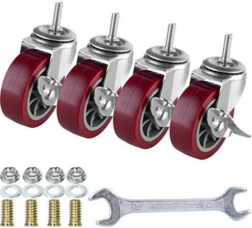 3 Inch Swivel Caster Wheels Set of 4, Locking Casters Heavy Duty Total Capacity 330lbs, Metric M8-1.25 Threaded Stem PU Casters with Brake, Castors for Carpet Hardwood Floors Workbench Bed Frame